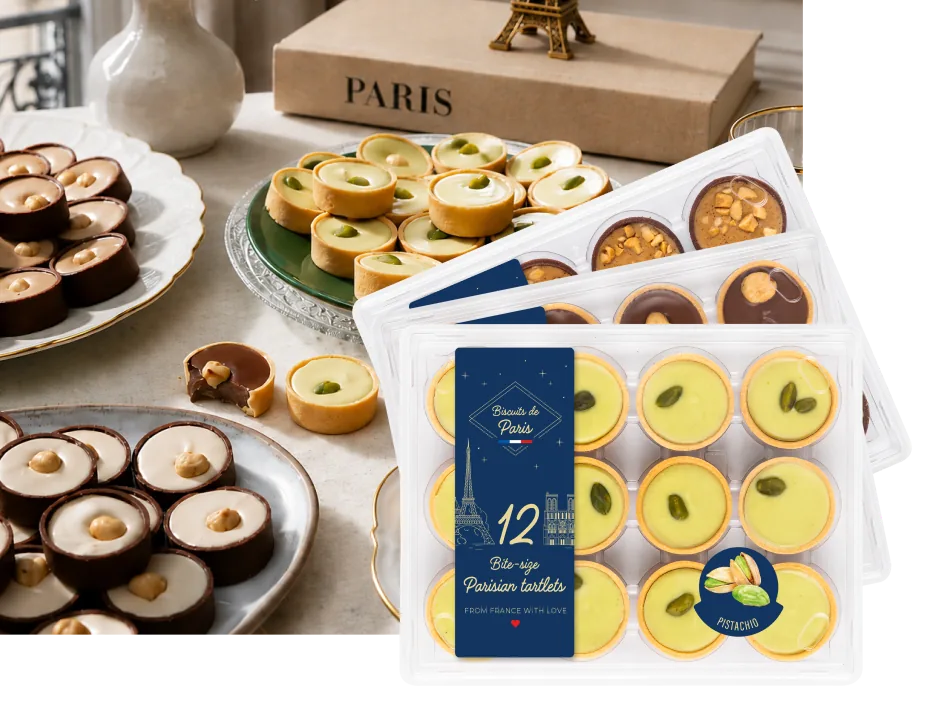 Petites Parisian Tartlets boxes on a Parisian table